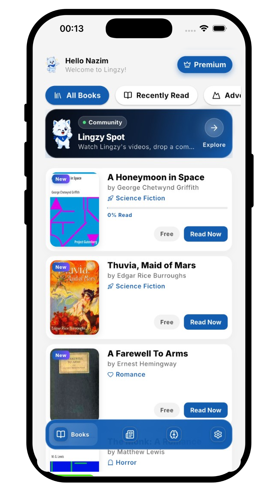 Lingzy home screen with book library